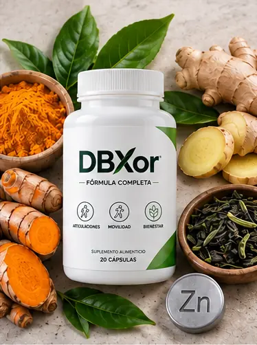 Frasco de DBXor junto a cúrcuma, jengibre, té verde y zinc
