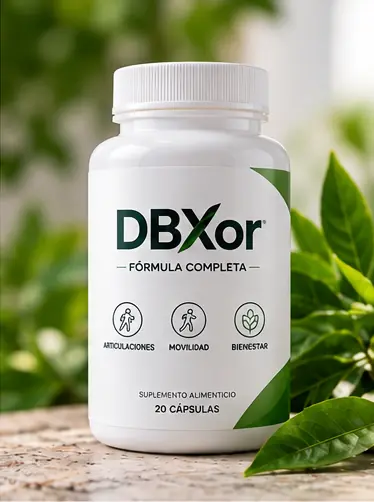 Frasco de DBXor sobre una superficie con hojas verdes