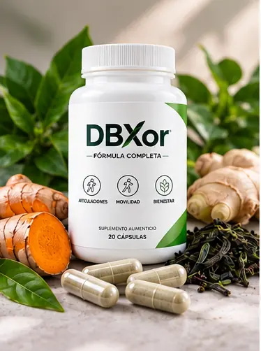 Frasco de DBXor con cápsulas y botánicos