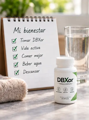 Lista de bienestar cotidiano junto a un frasco de DBXor