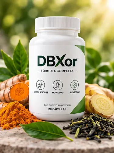 Frasco de DBXor junto a cúrcuma, jengibre y té verde