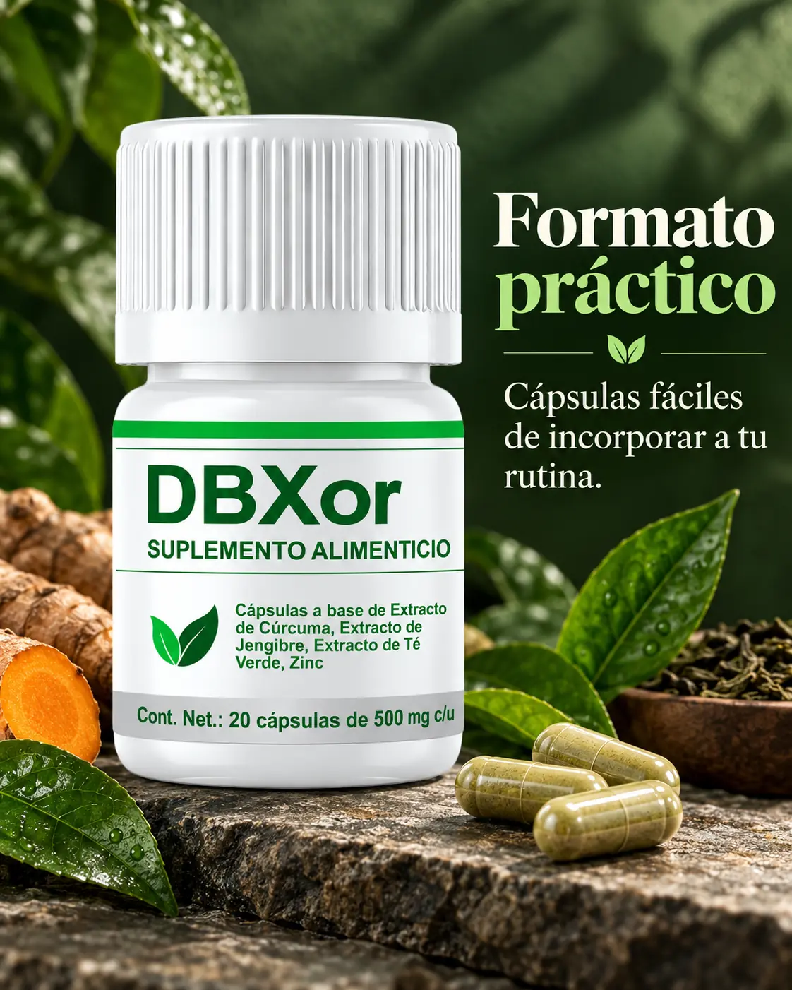 Frasco de cápsulas DBXor junto a hojas de té